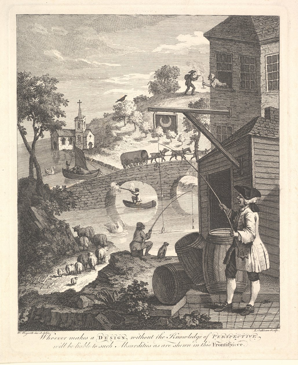 Satire op Valse Perspectief: Frontispice voor Kirbys Perspectief, februari 1754 door Luke Sullivan