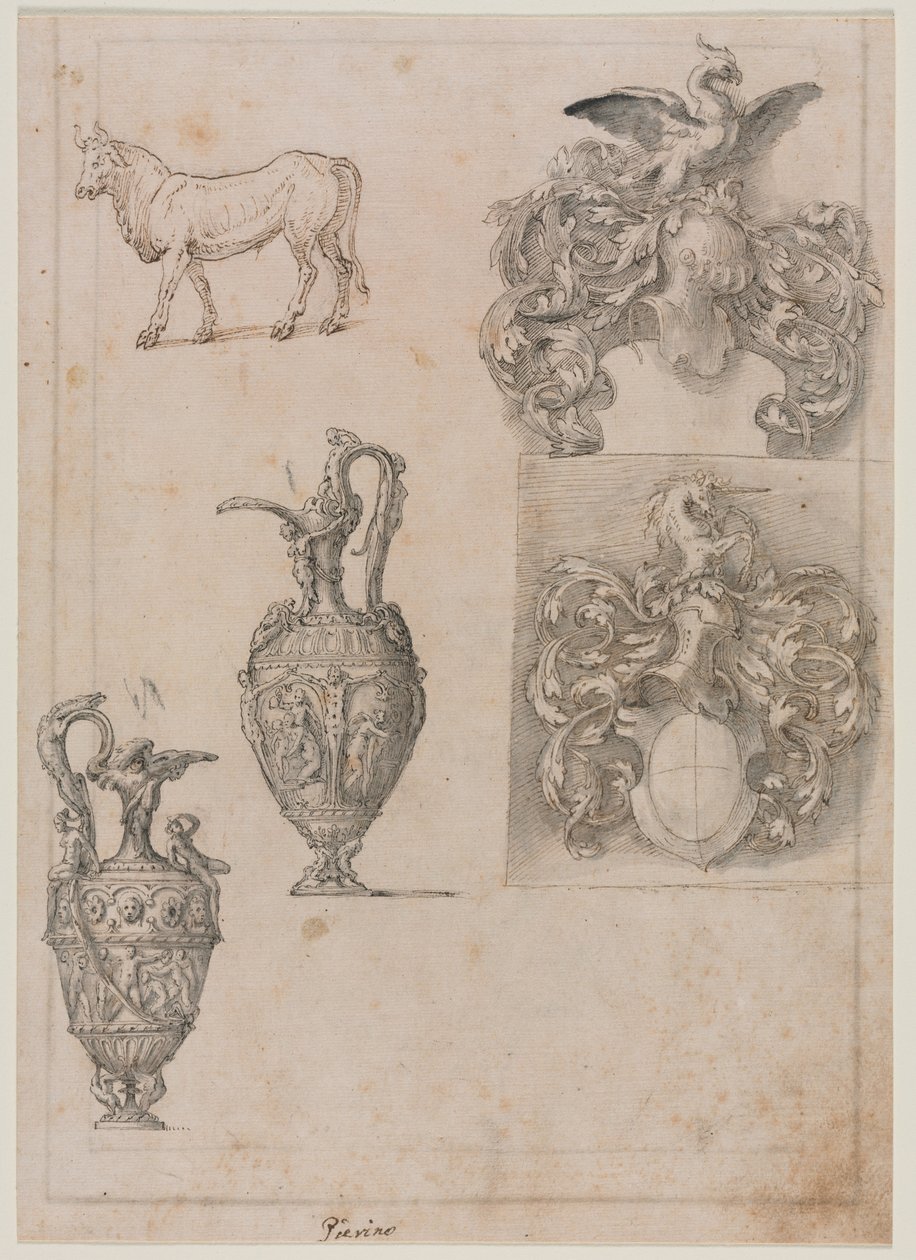 Ontwerp voor Twee Vazen, Twee Wapenschilden en een Stier recto, midden 1500s door Luzio Romano