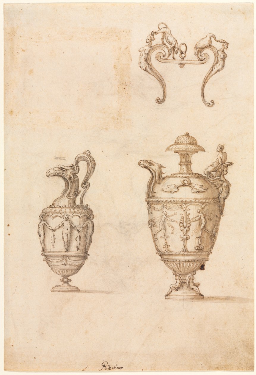 Ontwerp voor twee vazen en een ornament (recto) door Luzio Romano