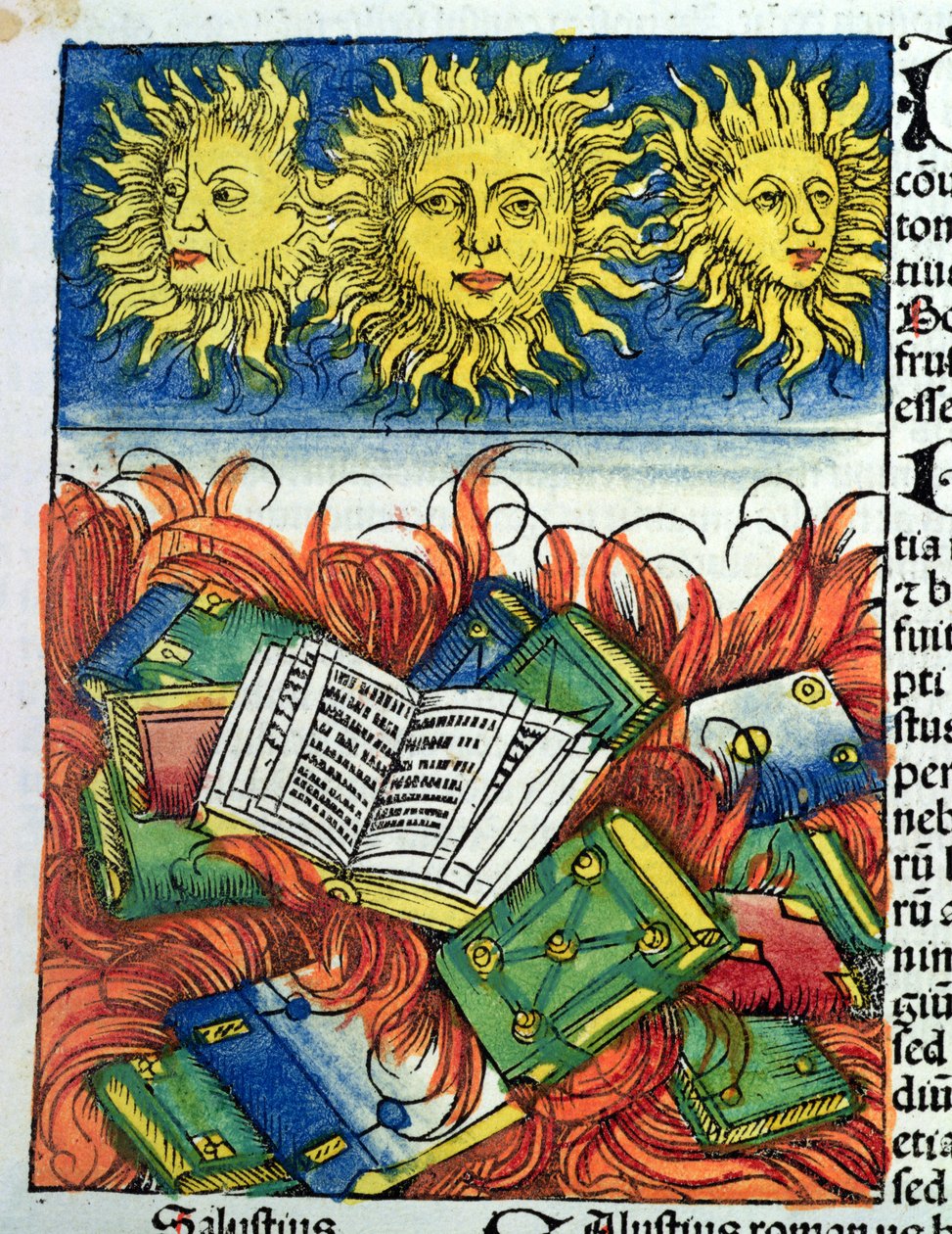 Autodafe van Boeken in de Middeleeuwen, illustratie uit de 