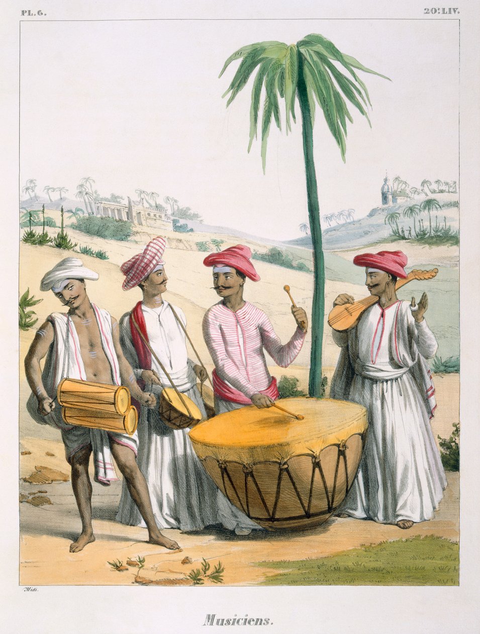 Muzikanten met een grote keteltrom, 1827-35 door M.E. Burnouf