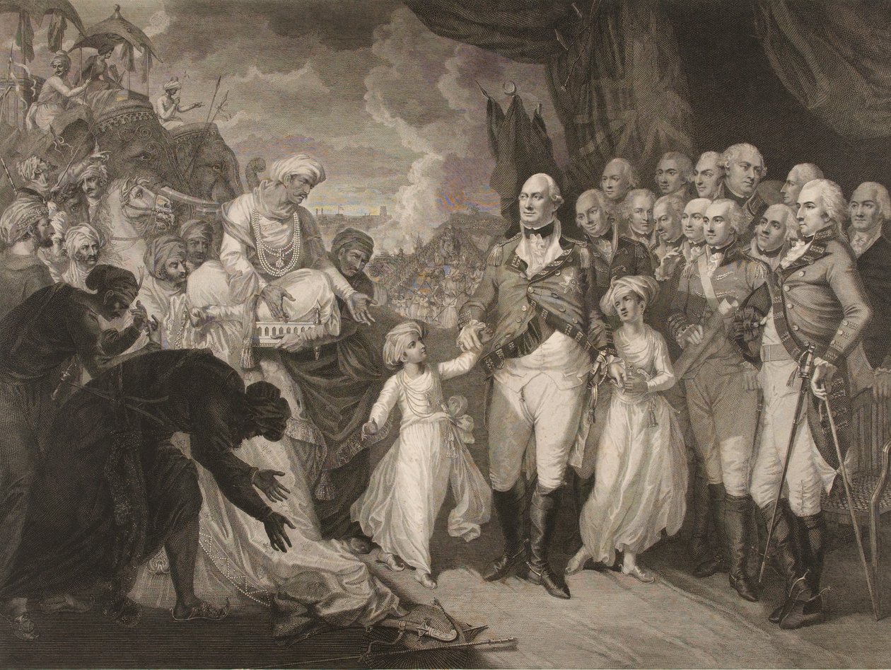 De Markies Cornwallis ontvangt de gijzelaar prinsen, zonen van Tippoo Sultan door M. (after) Brown