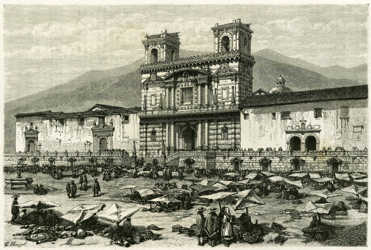 De kathedraal van Quito (hoofdstad van het huidige Ecuador) en het populaire vermaak op het plein. Gravure door Clerget en Ferdinandus, ter illustratie van het verhaal 