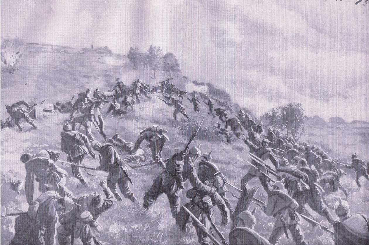 De herovering van Szawle. Bestorming van de bergkam, uit De Geïllustreerde Geschiedenis van de Wereldoorlog 1914-1915 uitgegeven door Union Berlagsefellfchaft door M. Barascudts