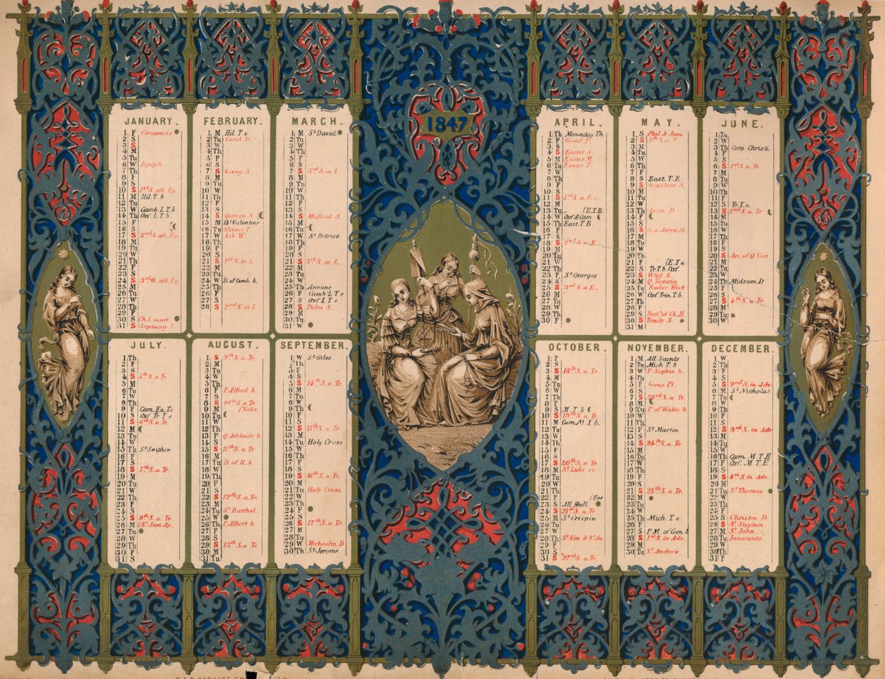 Kalender met heiligendagen en koninklijke verjaardagen, 1847 door M and N Hanhart