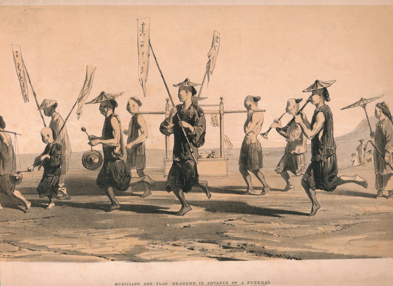 Muzikanten en vlaggendragers voorafgaand aan een begrafenis, ca. 1860 door M and N Hanhart