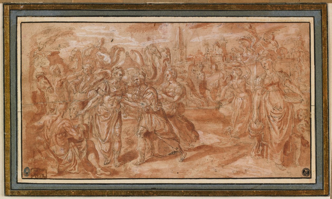 Laban en Rebecca ontvangen Eliezer, 1561-62 door Maarten de Vos