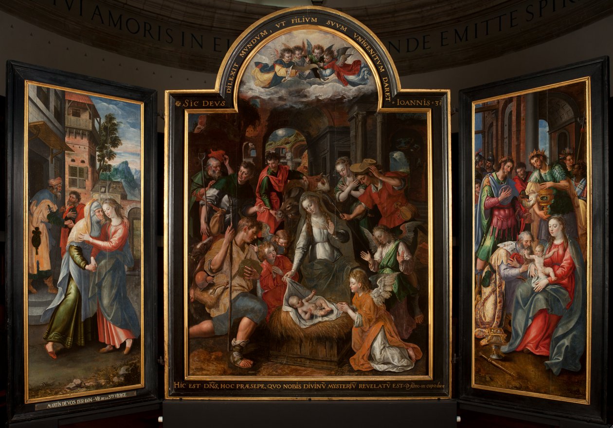 Aanbidding der Wijzen, drieluik, centraal paneel, detail door Maarten de Vos