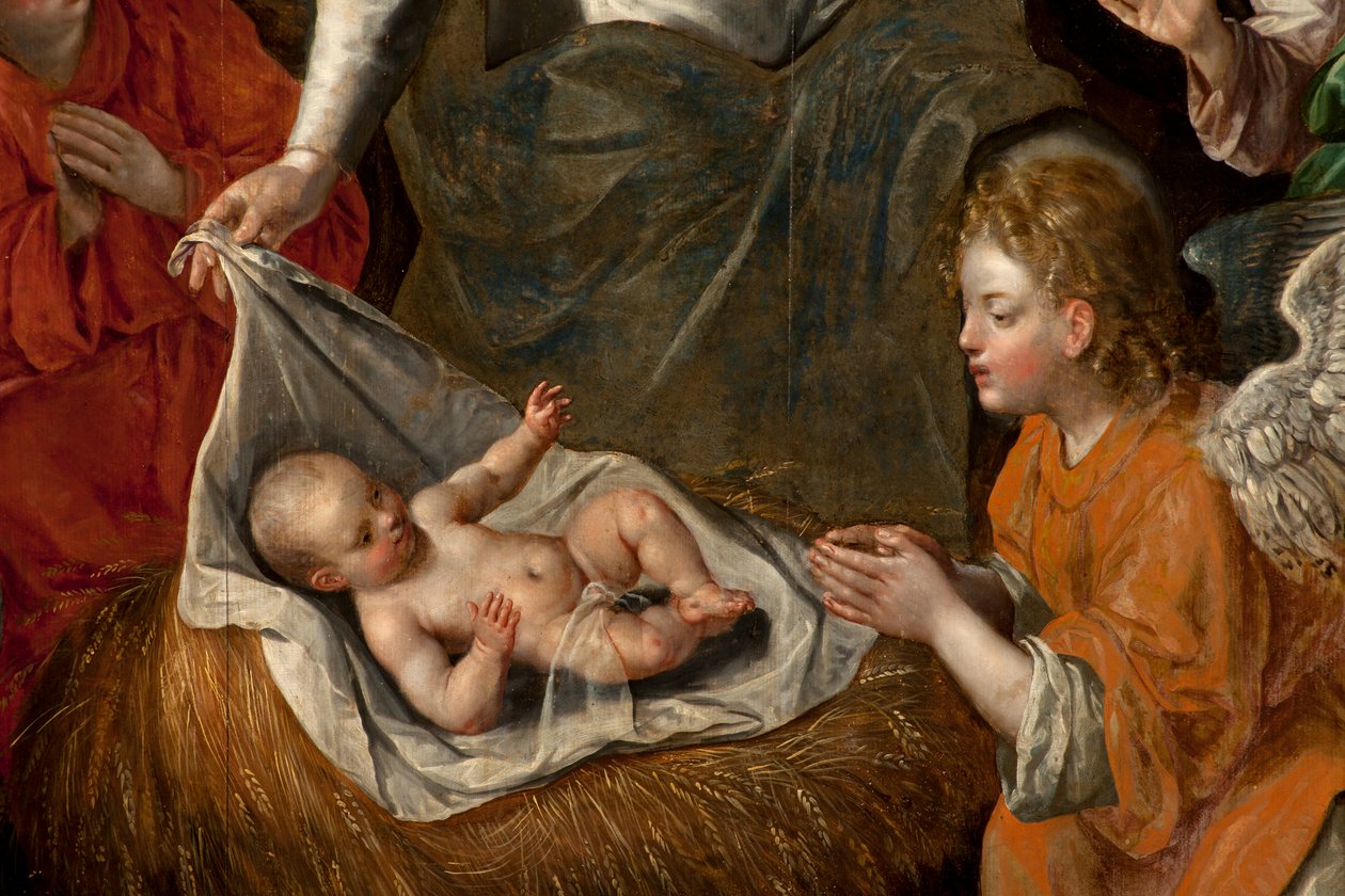 Aanbidding der Wijzen, drieluik, middenpaneel (detail) door Maarten de Vos