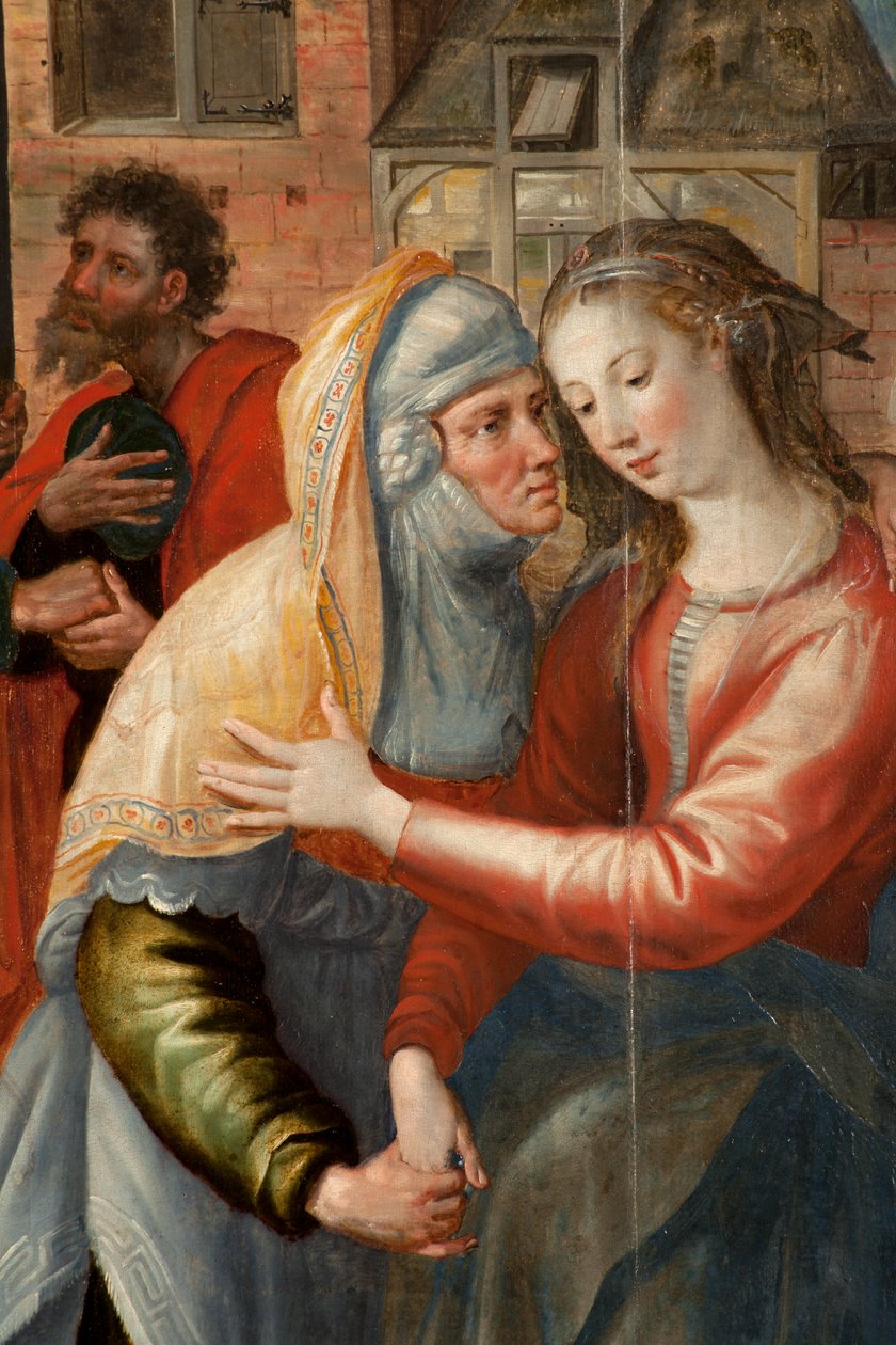 Aanbidding der Wijzen, drieluik, linker paneel: Leven van de Heilige Maagd (detail) door Maarten de Vos