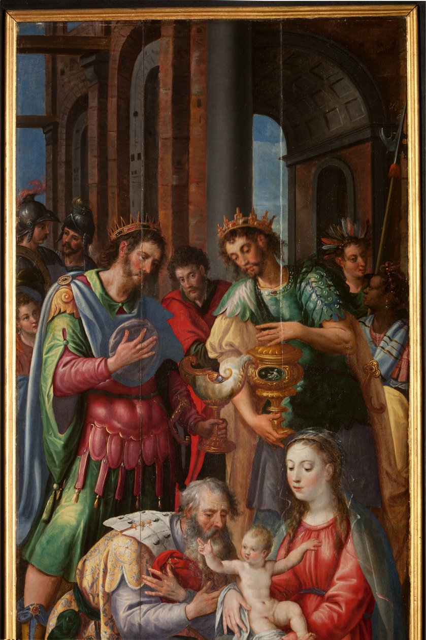 Aanbidding der Wijzen, drieluik, rechter paneel, detail door Maarten de Vos