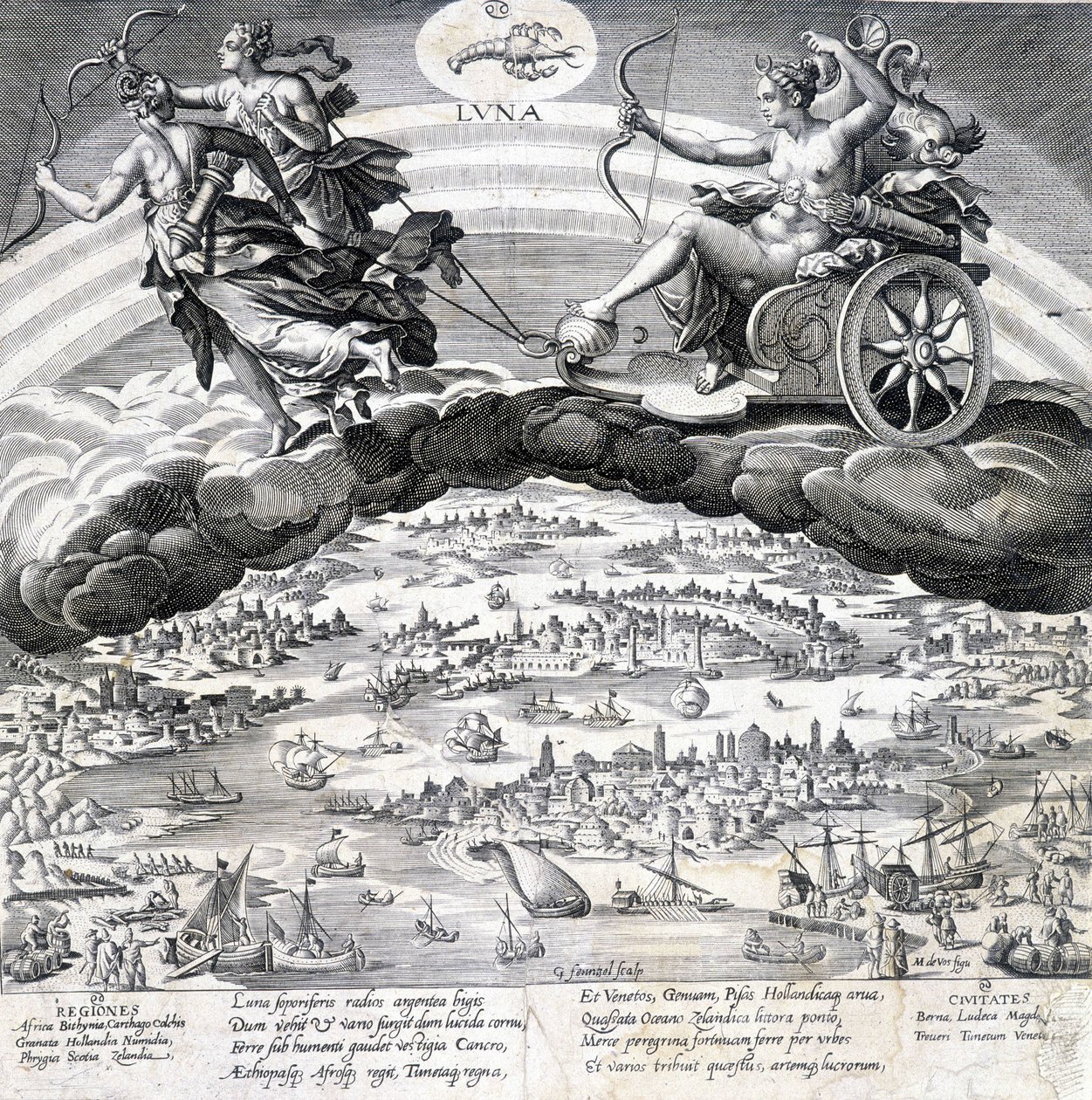 Luna: allegorie van de Maan (Diana) en de Schorpioen die onder haar invloed staat (teken van de Dierenriem) - gravure door Maaerten de Vos (Martin de Vos, Marten de Vos) (1532-1603), n.d. door Maarten de Vos