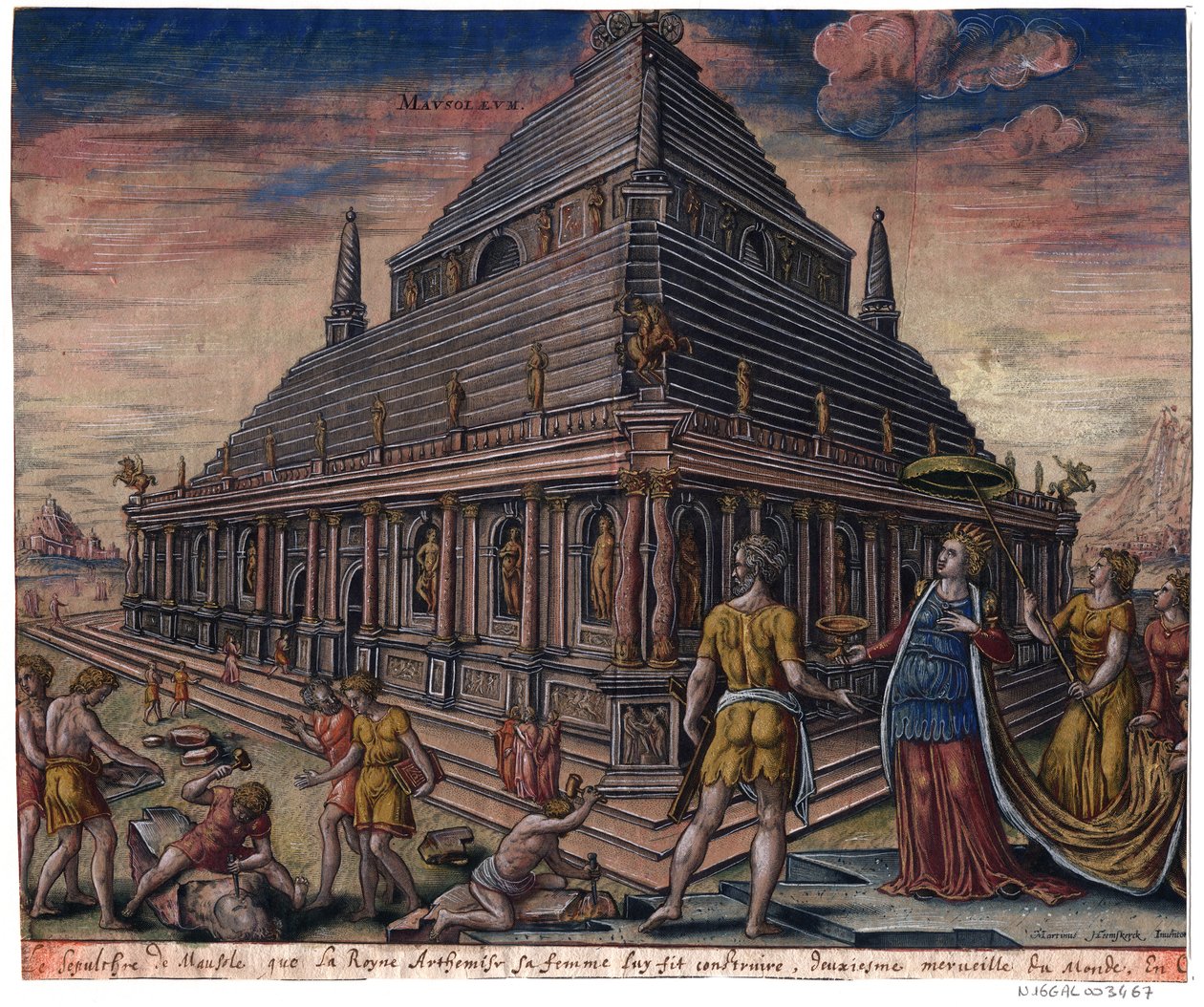 Het Mausoleum van Halicarnassus (uit de serie "De Acht Wereldwonderen") door Maarten van (after) Heemskerck