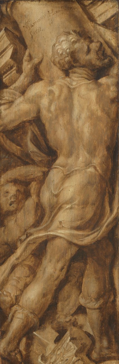 Simson vernietigt de zuilen van de tempel door Maarten van Heemskerck (signed by artist)