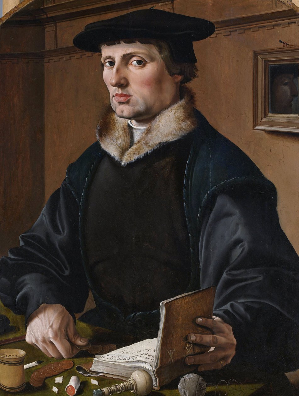 Duits: Bildnis eines Kaufmanns (Pieter Bicker) Portret van (mogelijk) Pieter Gerritsz Bicker, hanger van (mogelijk) zijn vrouw Anna Codde door Maarten van Heemskerck