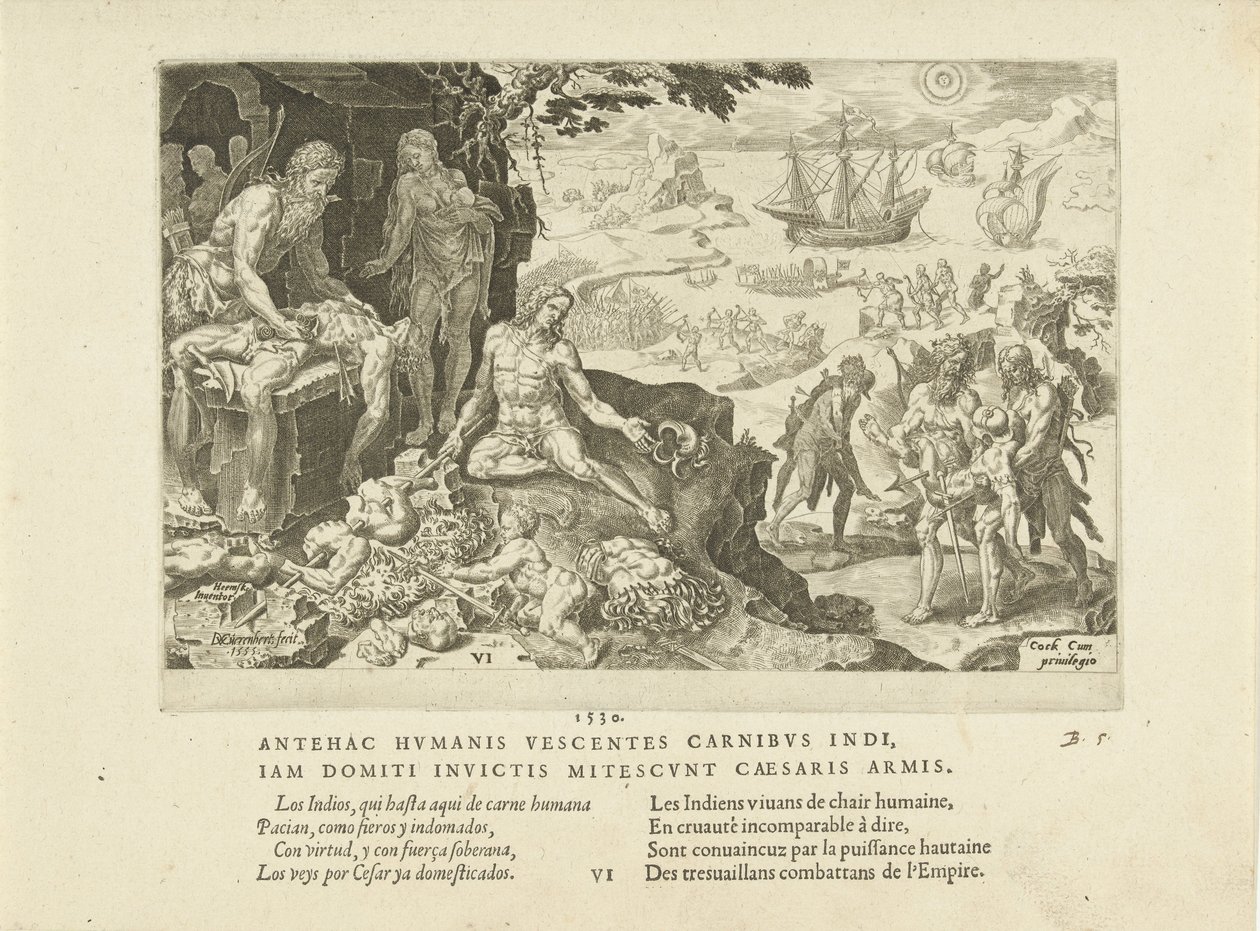 Keizerlijke troepen brengen beschaving naar de Indianen, 1555 door Maarten van Heemskerck