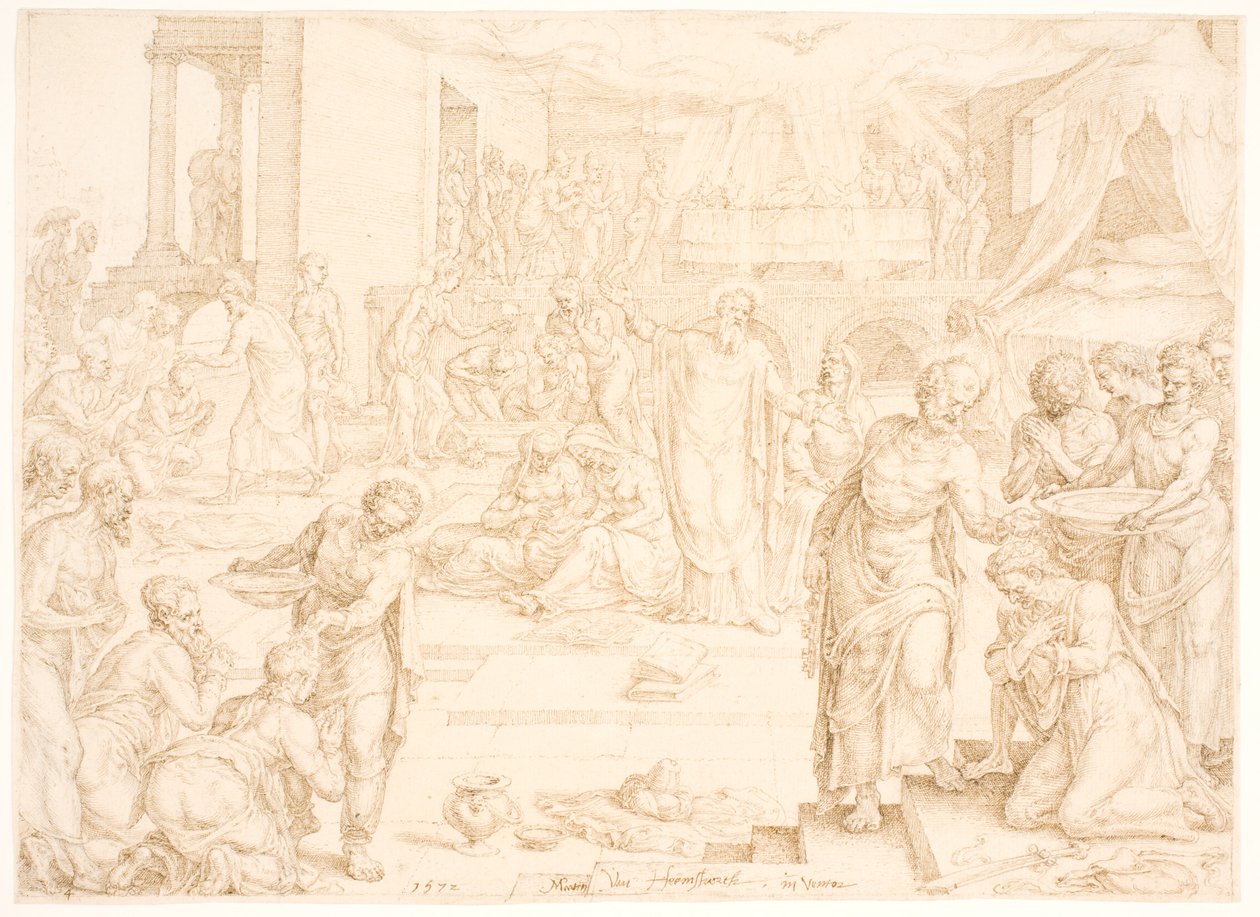 Petrus en de andere apostelen dopen de gemeente in Jeruzalem door Maarten van Heemskerck