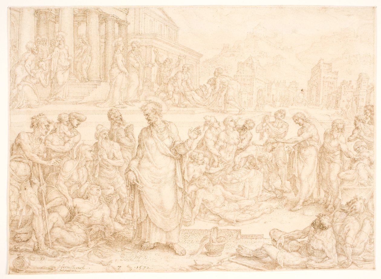 Petrus en de andere apostelen genezen de zieken door Maarten van Heemskerck