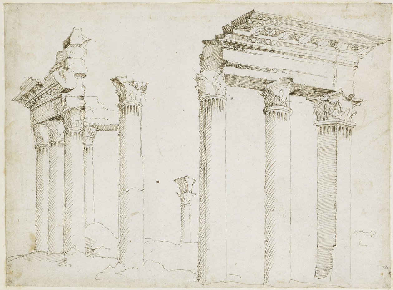 Resten van de tempel van Minerva op het Forum van Nerva door Maarten van Heemskerck