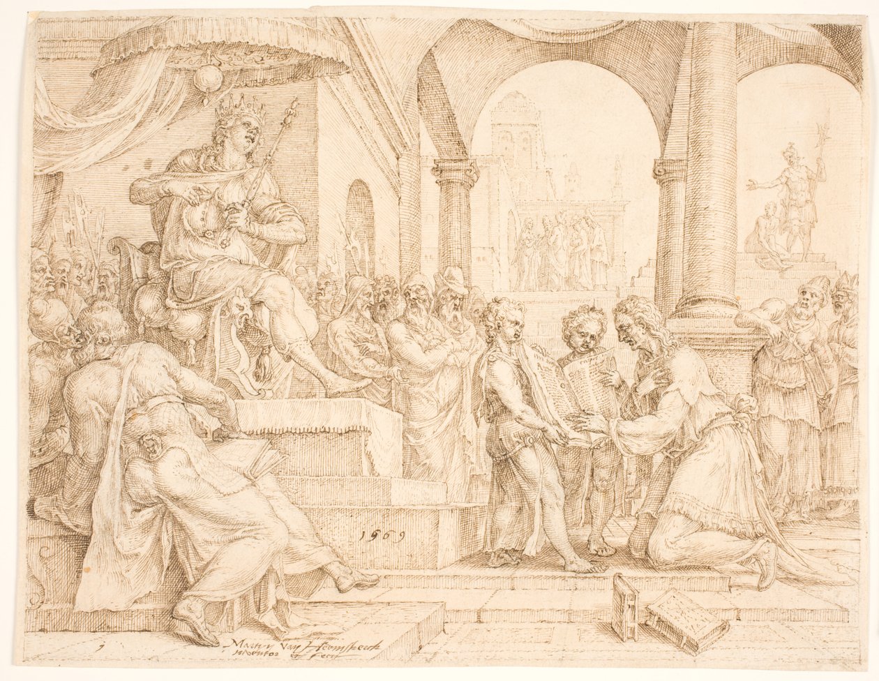 De staatschrijver Sjafan leest uit het wetboek voor koning Josias, die zijn kleren scheurt door Maarten van Heemskerck