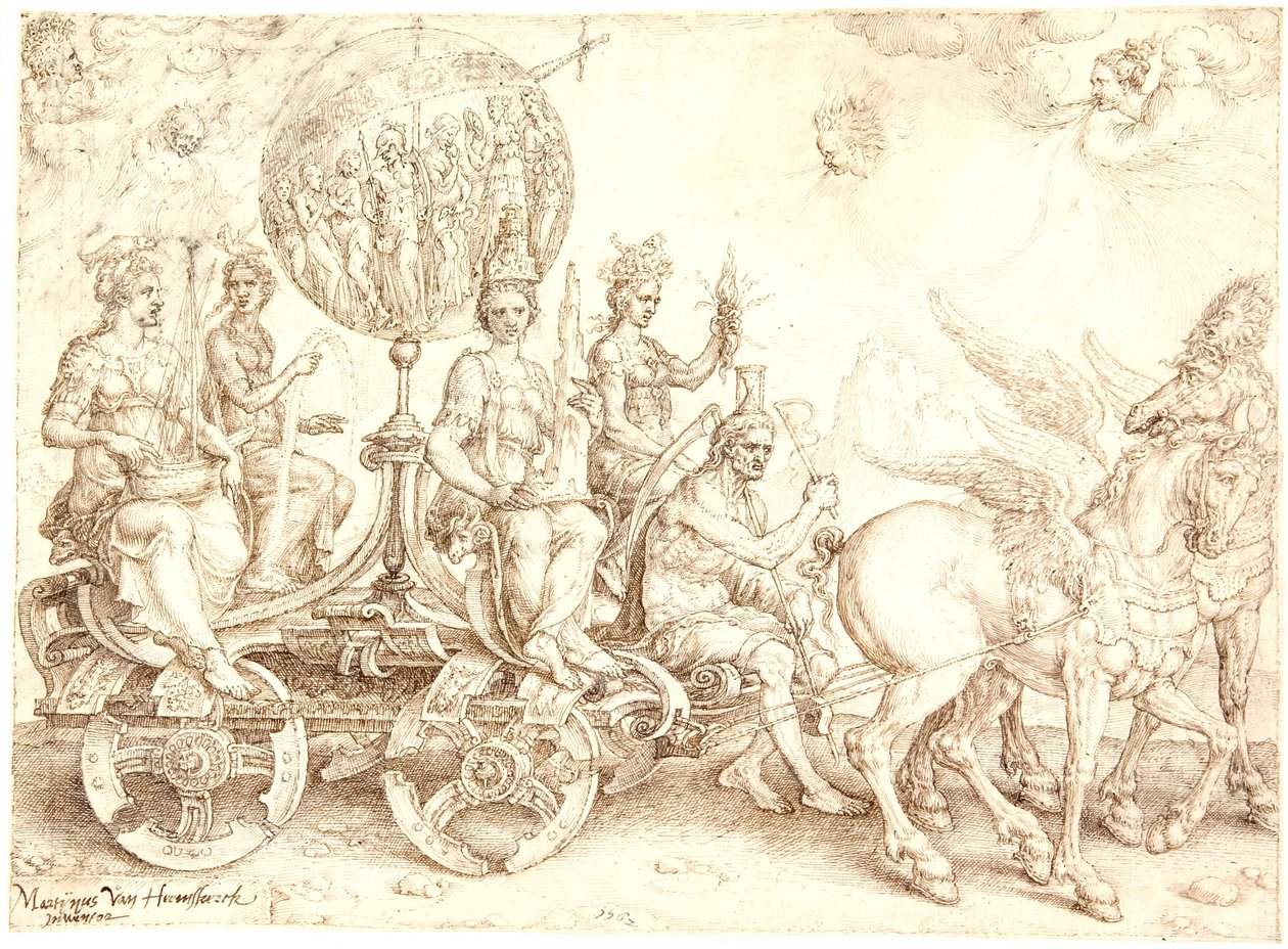 Triomfwagen. Mundus (De Wereld). (Een allegorie van de Vier Elementen) door Maarten van Heemskerck