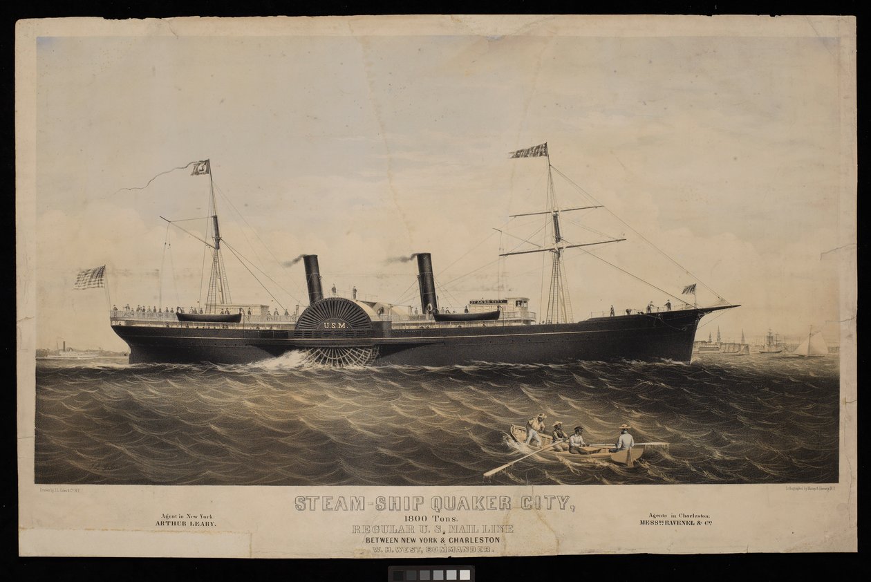 Stoomschip Quaker City... Reguliere U.S. Mail Line tussen New York & Charleston W H West, Commandant door Macoy & Herwig