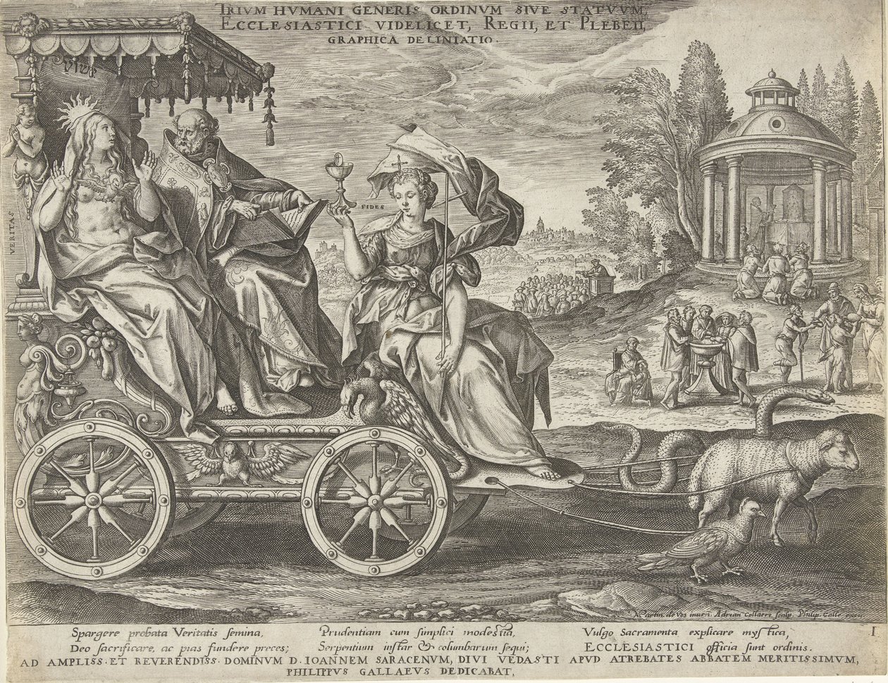Allegorie van de Eerste Stand, gegraveerd door Adriaen Collaert naar Maarten de Vos en uitgegeven door Philip Galle; opgedragen aan Jean Sarrazin door Maarten de Vos