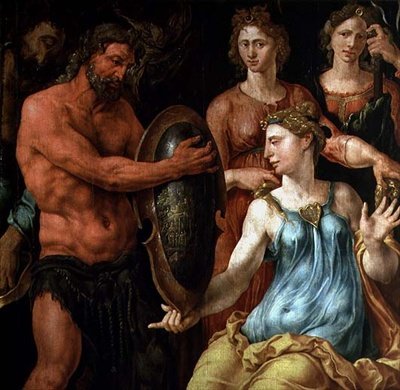 Vulcanus toont de goden zijn vangst van Venus en Mars in zijn netten door Maerten van Heemskerck