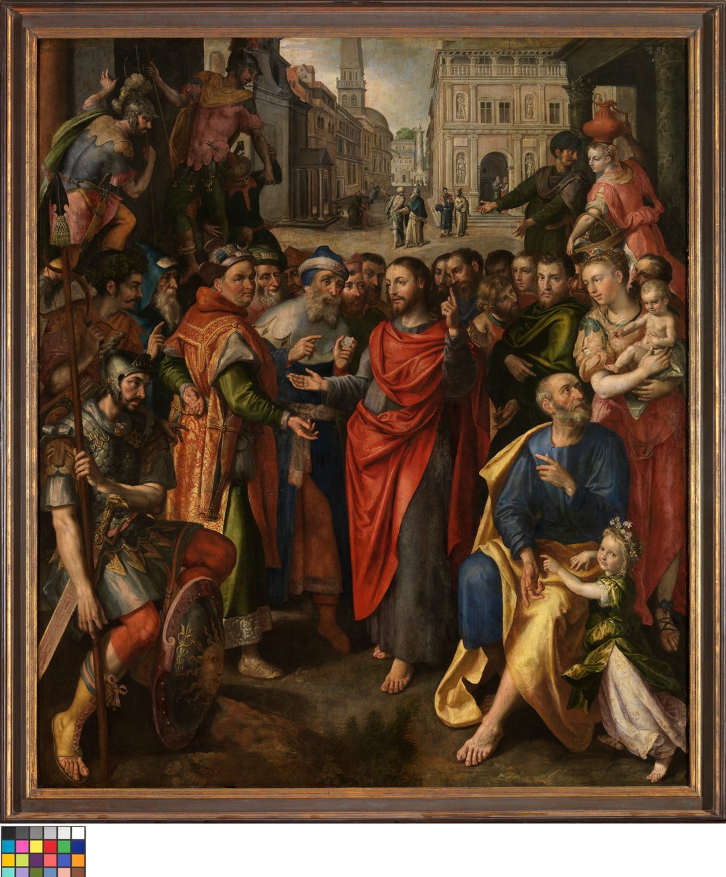 Dutch: De tolpenning (Matteus 17:24-27; links), de cijnspenning (Lucas 20:21-26; midden), de parabel van de arme weduwe (Marcus 21:41-44; rechts) (Altaar van het muntmakersambacht) Altarpiece of the Guild of the Minters door Maerten de Vos