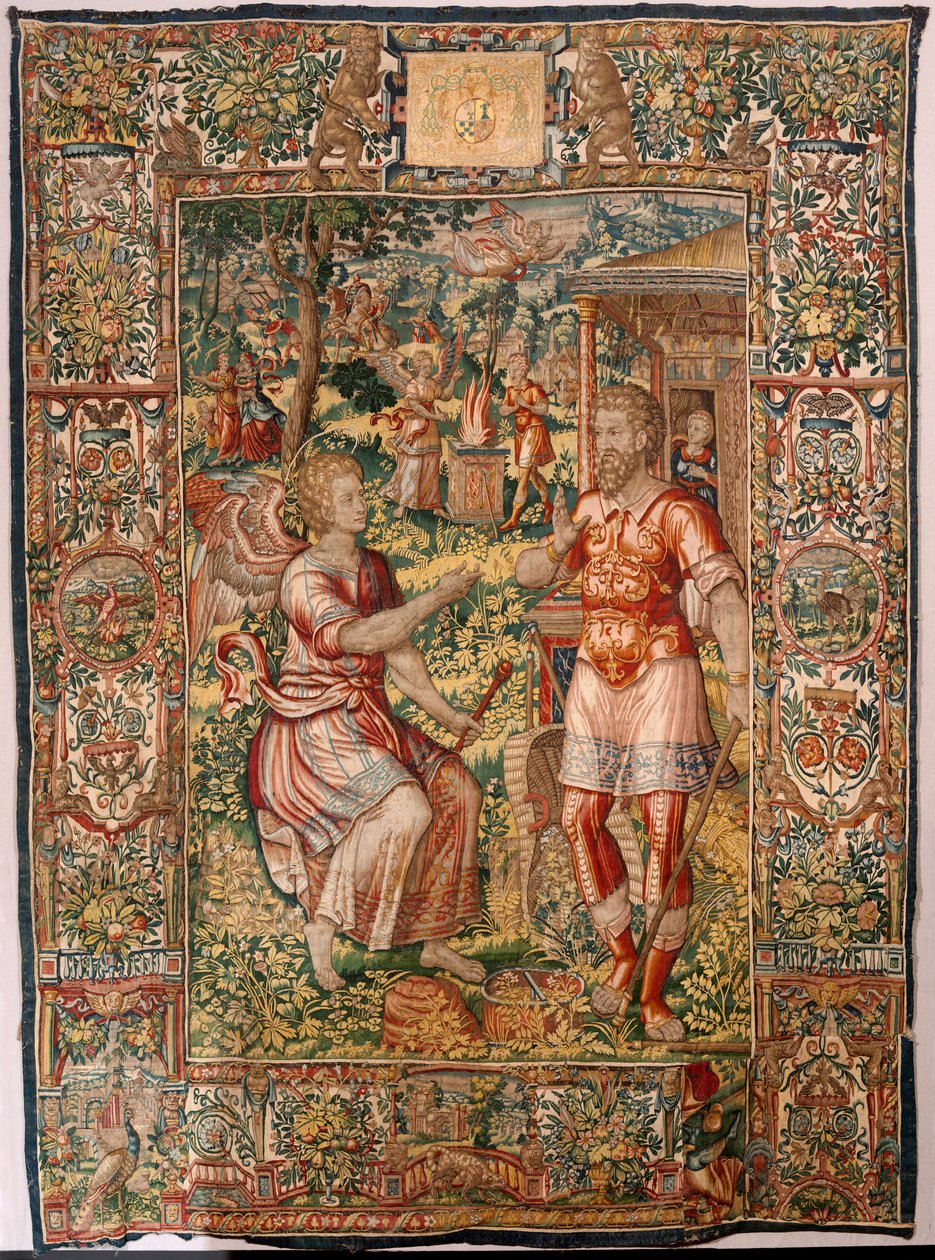 Diocesaan museum (Museo Diocesano). Vlaamse wandtapijt. Brussel. Atelier François Geubels. Serie Verhaal van Gideon. Gideon en de engel. Zijde en wol. Nalatenschap van bisschop Vicente Roca de la Serna. Barok. 1534-1571, in de kathedraal sinds door Maerten van Heemskerck