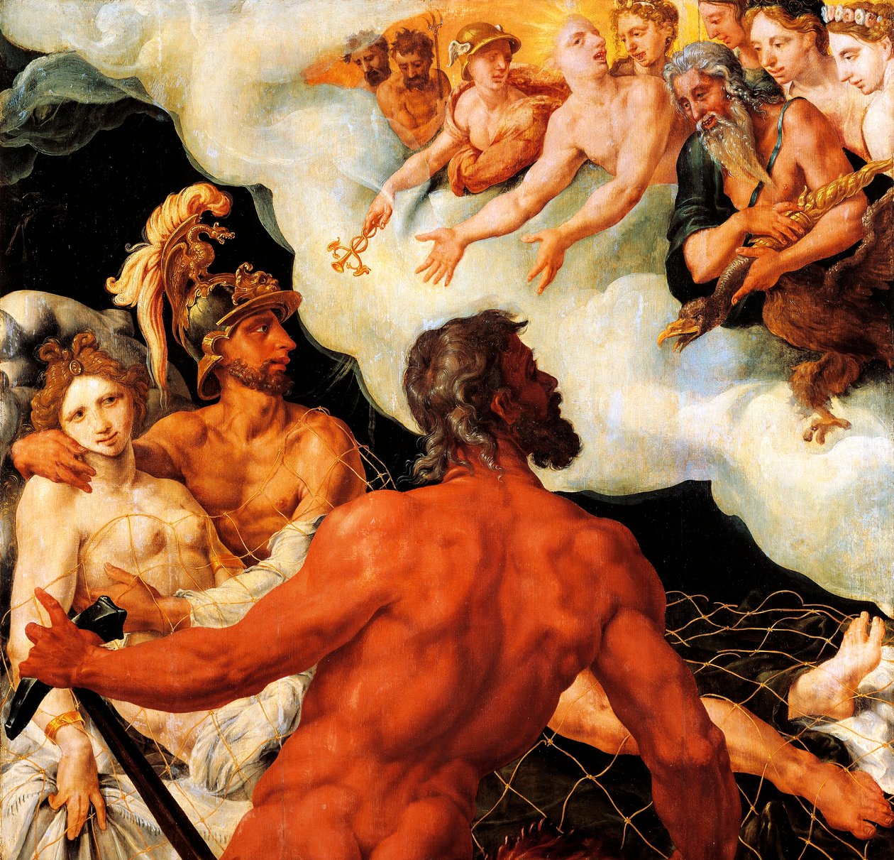 Mars en Venus gevangen in het net van Vulcanus door Maerten van Heemskerck