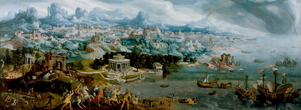Panorama met de ontvoering van Helena te midden van de wereldwonderen uit de oudheid door Maerten van Heemskerck