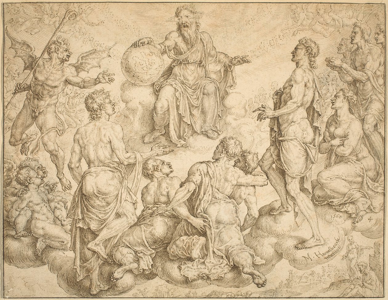 Satan daagt God uit om Job zijn bescherming te ontnemen door Maerten van Heemskerck