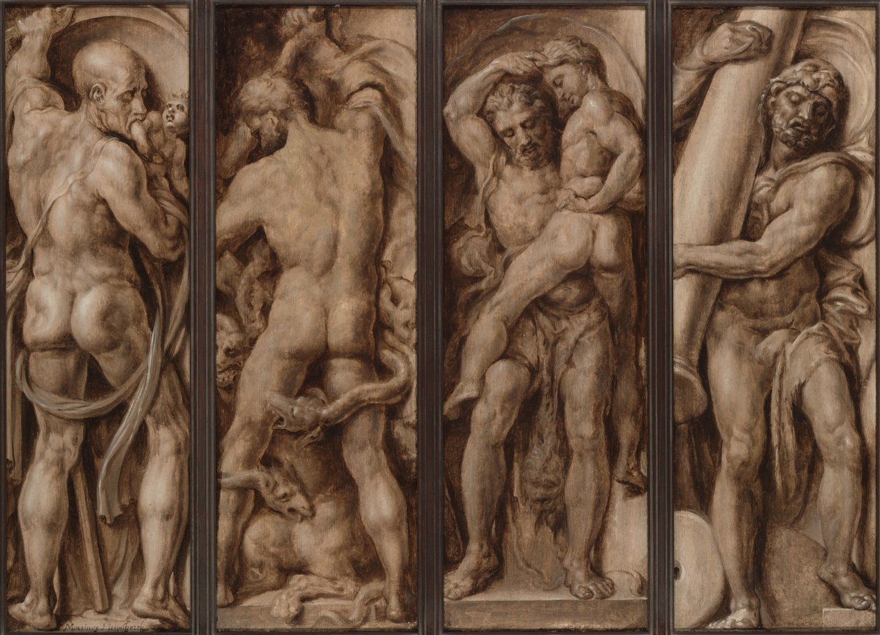 Saturnus verslindt een kind; Hercules doodt de Hydra; Hercules tilt Antaeus op; Hercules richt de zuilen van Calpe en Abyla op door Maerten van Heemskerck