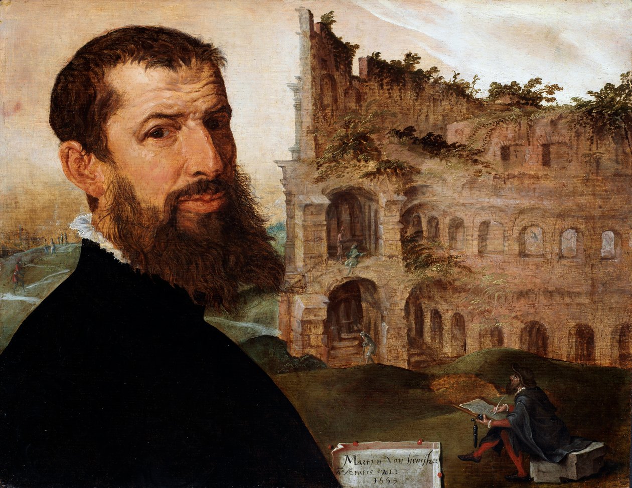 Zelfportret van de Schilder met het Colosseum op de Achtergrond, 1553 door Maerten van Heemskerck
