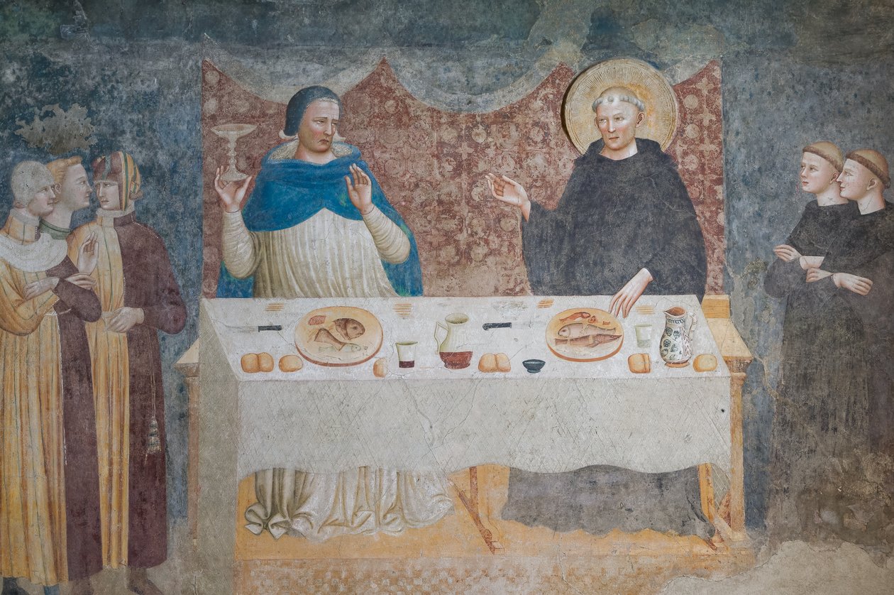 Het wonder van St Guido: de gezegende abt die water in wijn verandert voor Gebeardo, de aartsbisschop van Ravenna, refter door Maestro di Tolentino (attr.to)