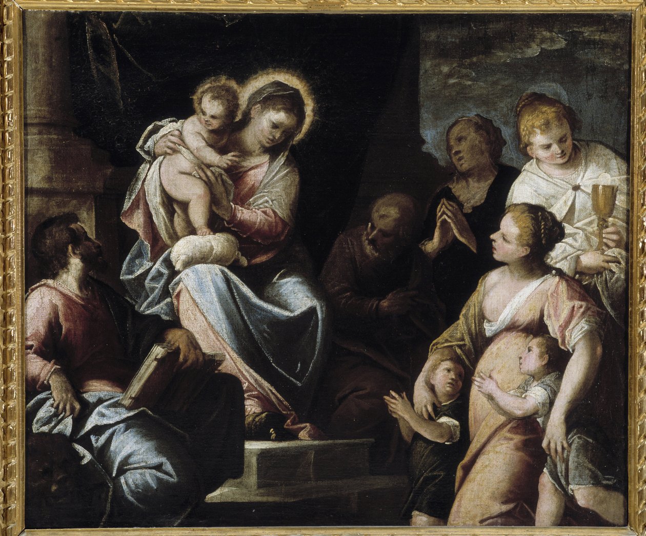 De Maagd heeft het Kind omringd door theologische deugden Allegorie van Geloof, Hoop en Liefde door Maffeo da Verona