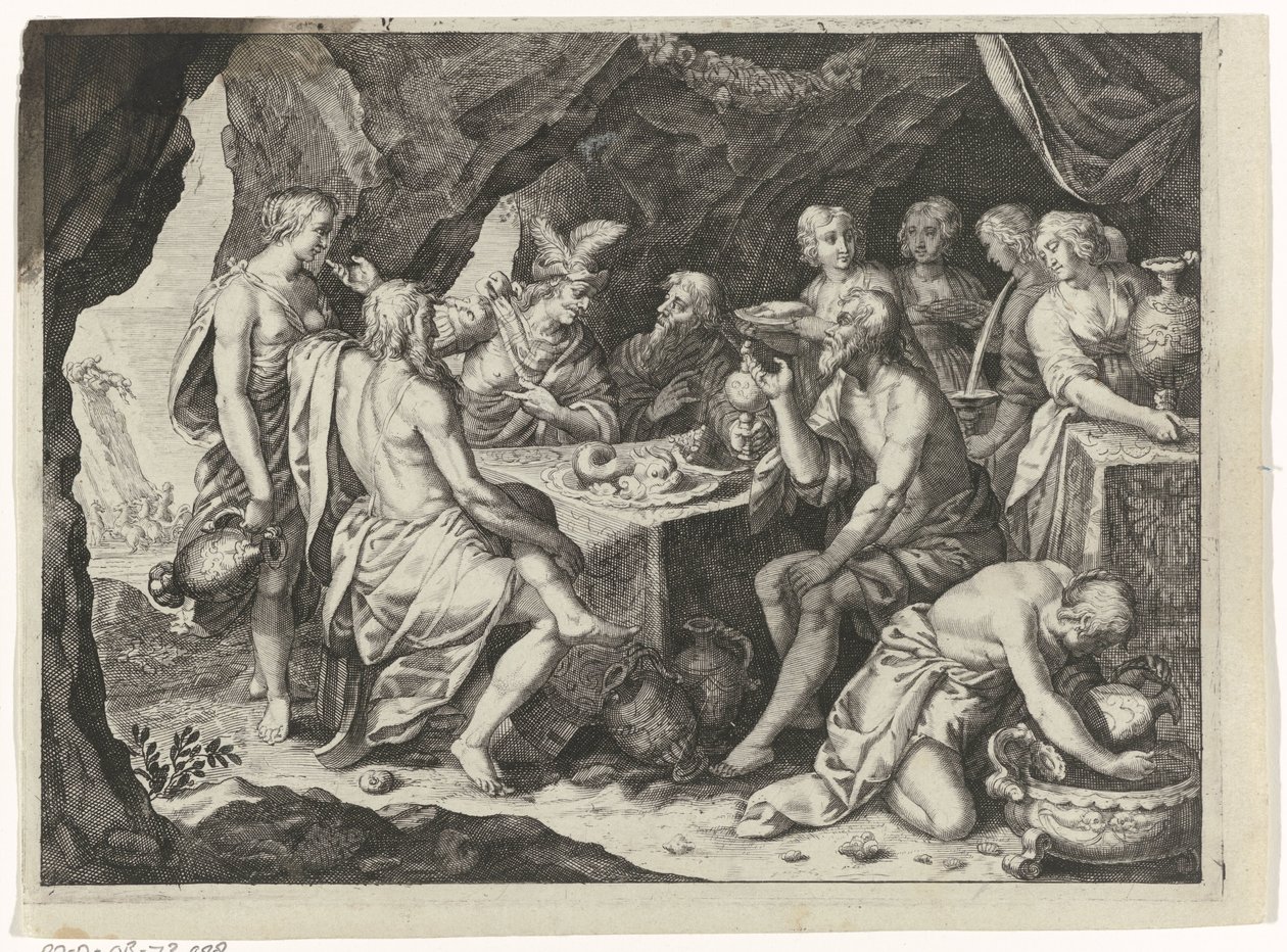 Scène uit de Metamorfosen van Ovidius: een maaltijd in een grot door Magdalena van de Passe (attributed to)