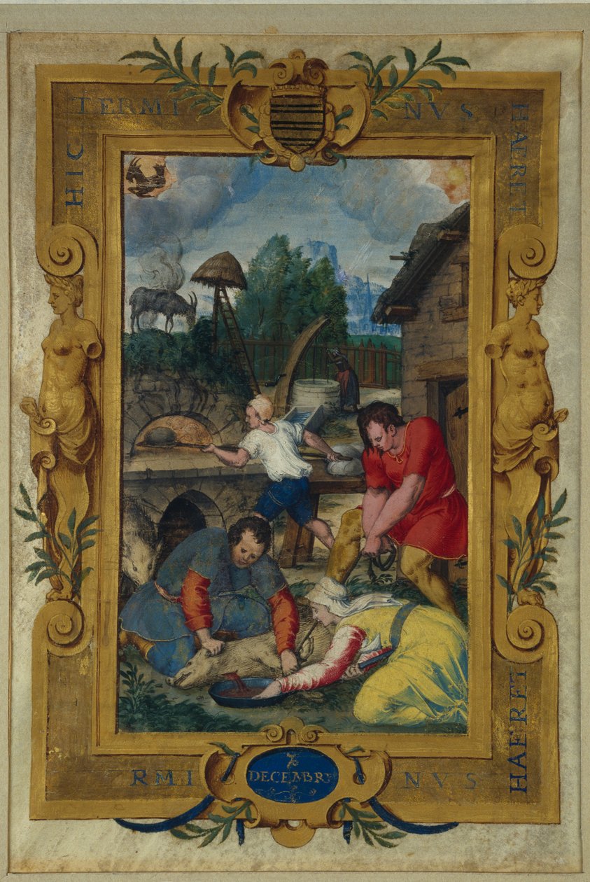 Kalenderpagina voor december, het slachten van het varken, uit een getijdenboek, ca. 1550-60 door Maitre des Heures de Claude Gouffier