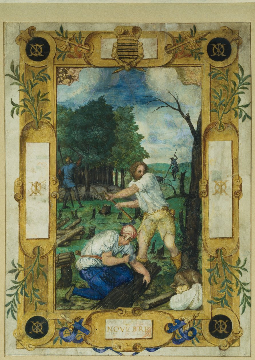Kalenderpagina voor november, bomen kappen, uit een getijdenboek, ca. 1550-60 door Maitre des Heures de Claude Gouffier