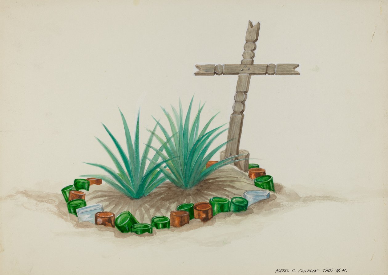 Kinder graf met houten kruis - Flesdecoraties, ca. 1937 door Majel G. Claflin