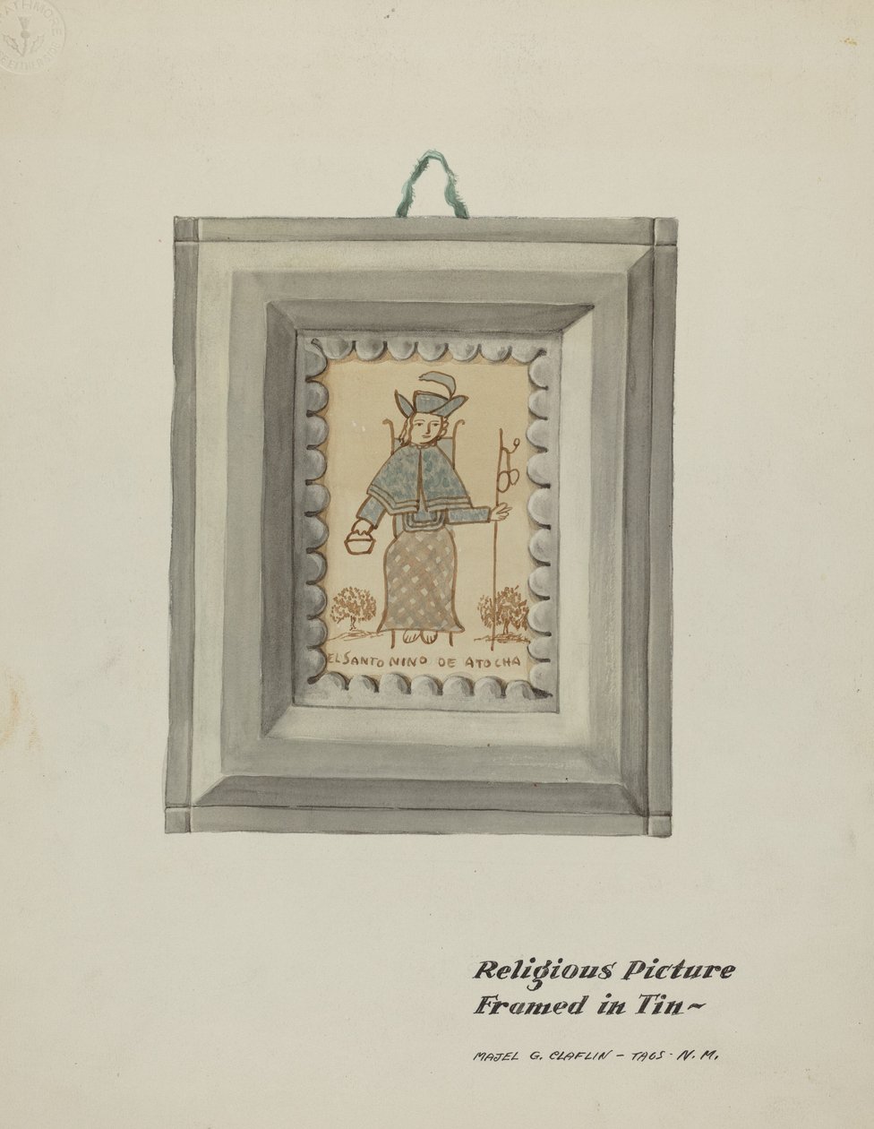 Handgetekende Santo Nino de Atocha - handgemaakte tinnen lijst door Majel G. Claflin