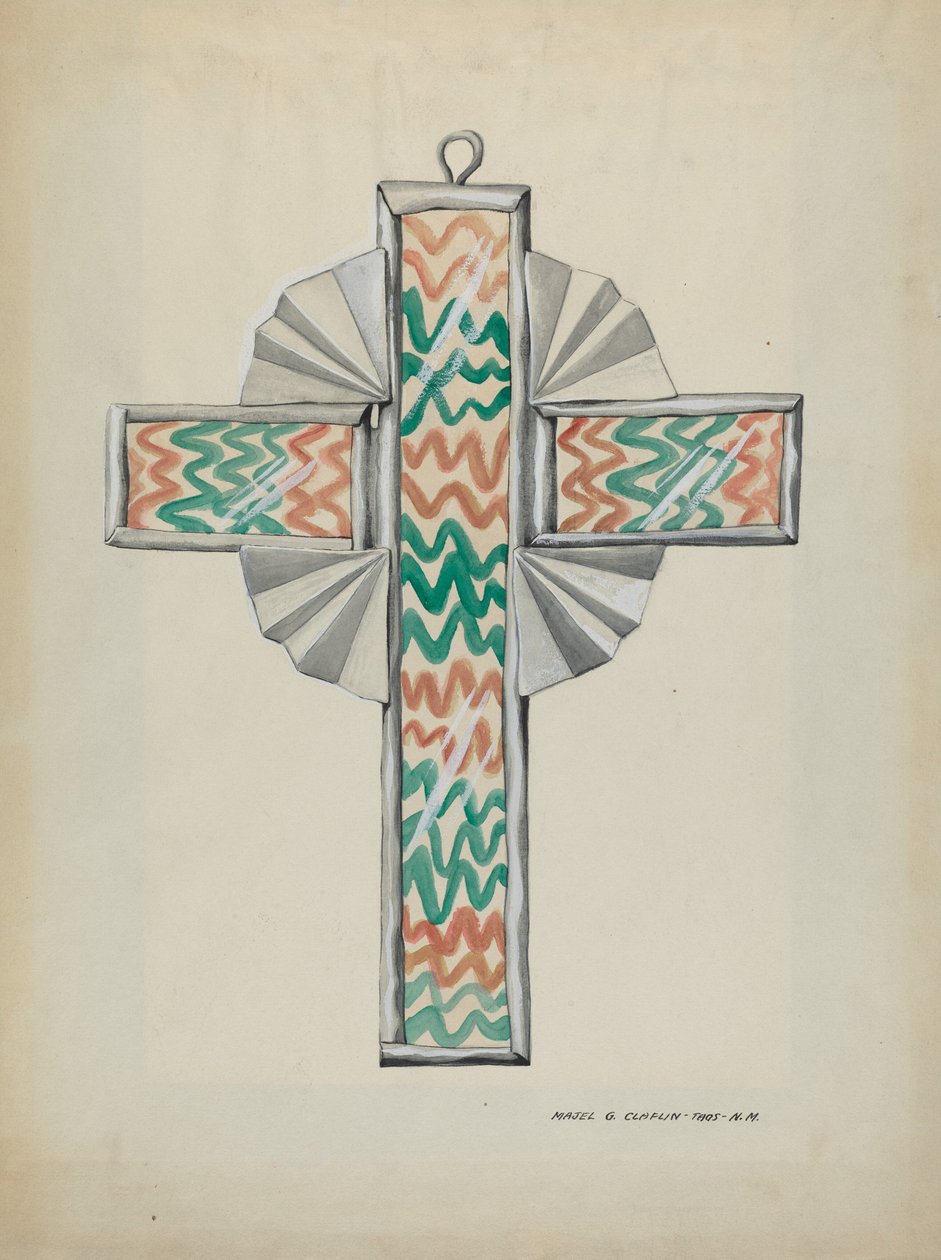 Blik en geschilderd glazen kruis, ca. 1937 door Majel G. Claflin