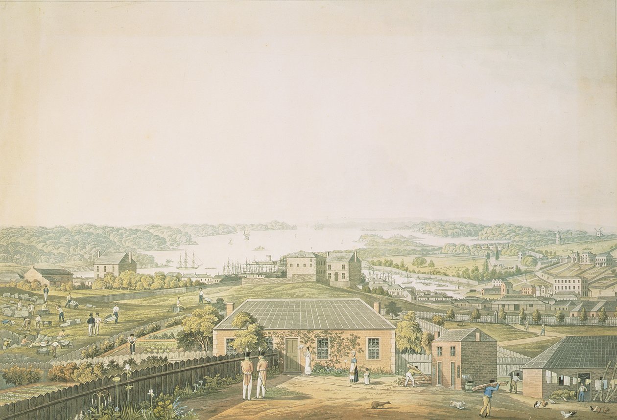 De ingang van Port Jackson en een deel van de stad Sydney in New South Wales, linker gedeelte van panoramisch uitzicht, c.1821 door Major James Taylor