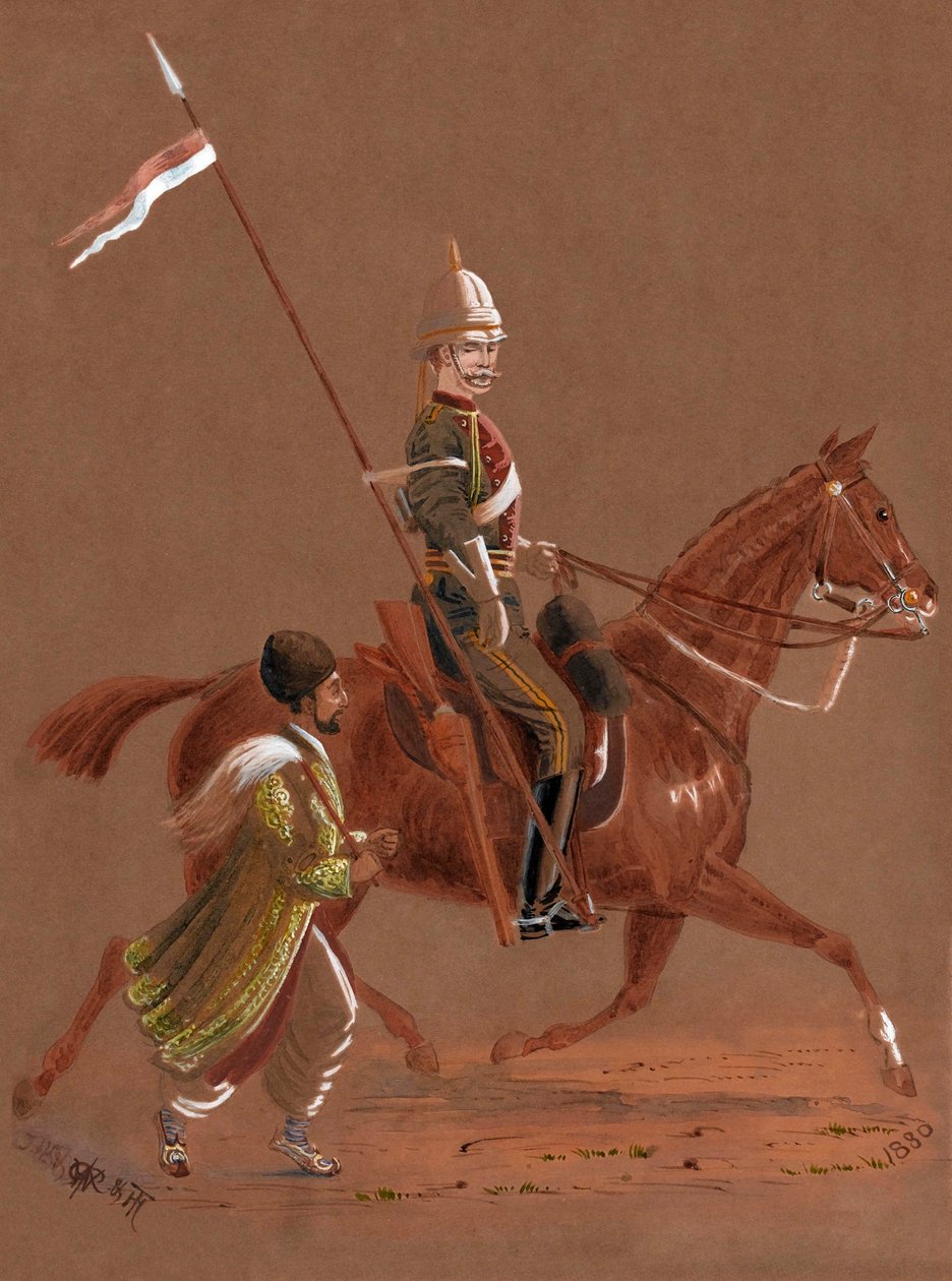 Ruiter van de 9e Lancers rijdend, met een Afghaanse soldaat die naast zijn paard rent door Major General R.G. Woodthorpe