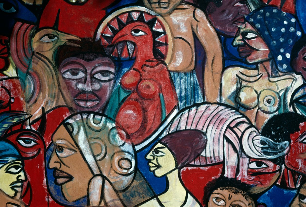Gezichten, muurschildering in de tuin van het Natuurhistorisch Museum in Maputo, door Malangatana Valente Ngwenya (1936-2011), Mozambique, 20e eeuw door Malangatana Valente Ngwenya