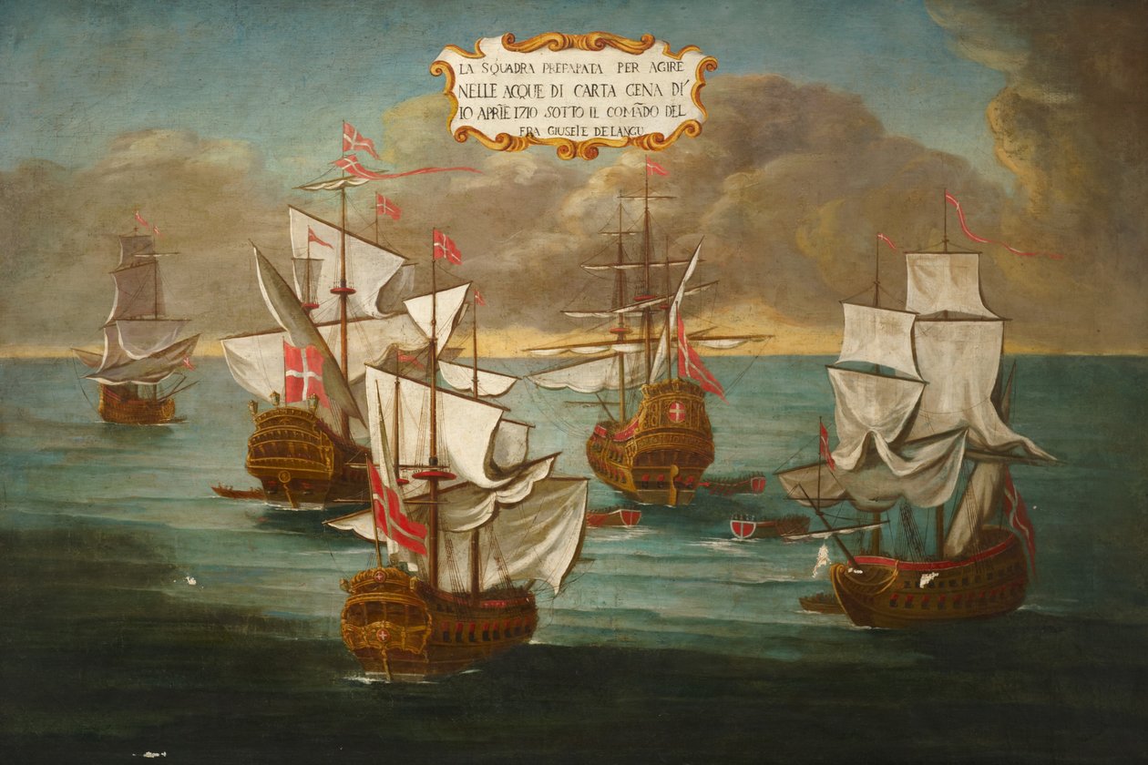 Een eskader van de Orde, onder bevel van Frere Giuseppe de Langu, maakt zich klaar om te vechten, bij Carthago door Maltese School
