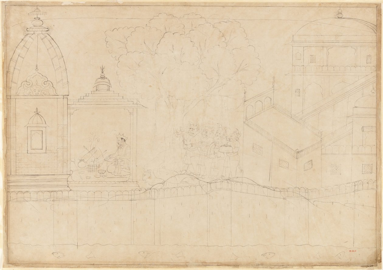 Indrajit brengt offers: Folio uit de serie Belegering van Lanka, ca. 1725 door Manaku