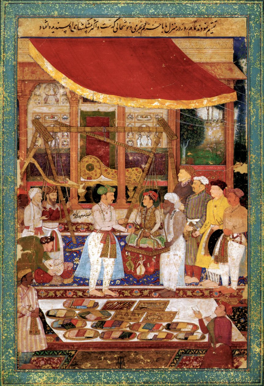 Keizer Jahangir weegt prins Khurram in goud, c. 1610-1615 door Manohar Manohar