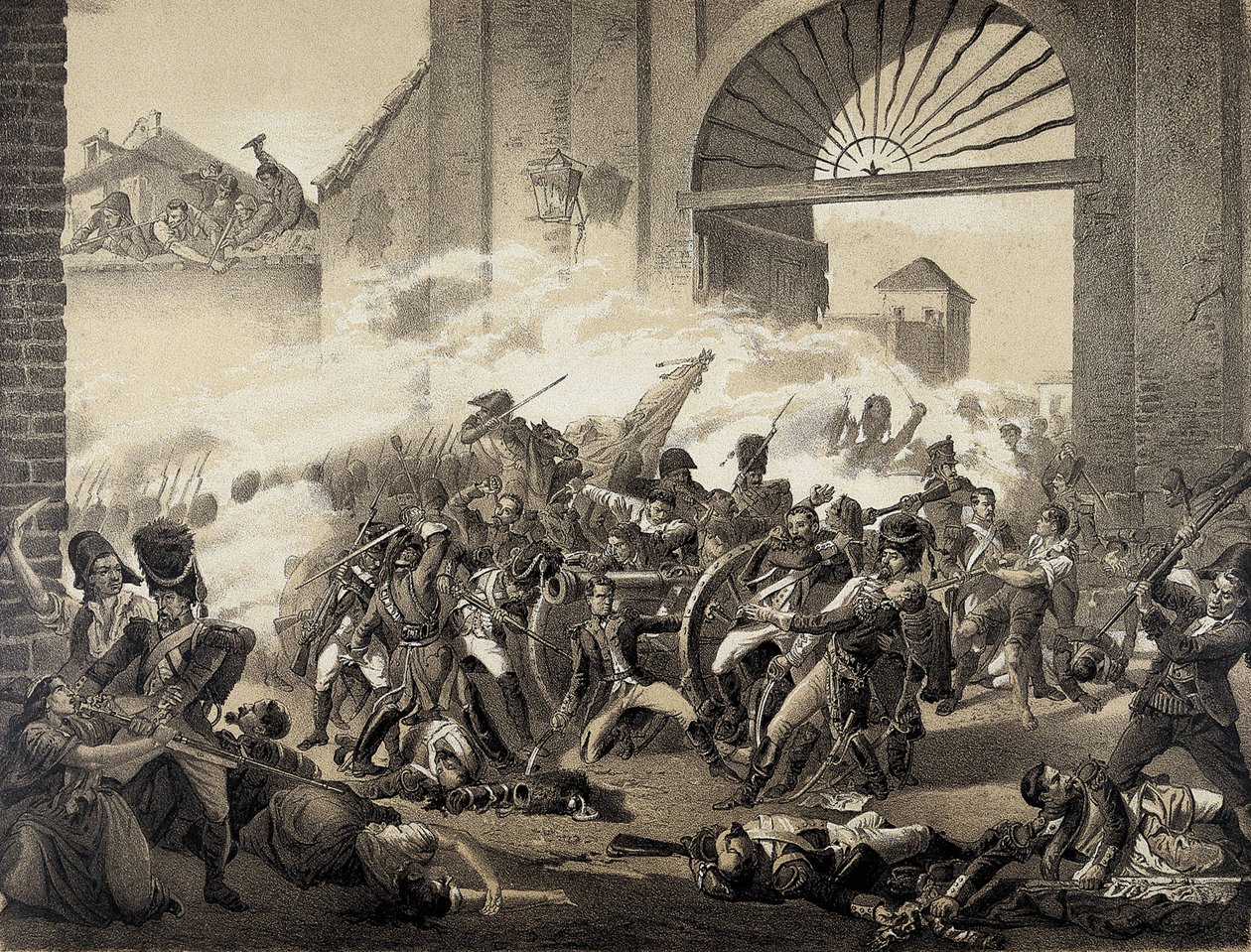 Spanje. Onafhankelijkheidsoorlog (1808). Tweede mei in Madrid. Dood van Luis Daoiz die het Monteleon Park verdedigt. Gravure naar een schilderij van Manuel Castellano. door Manuel (after) Castellano